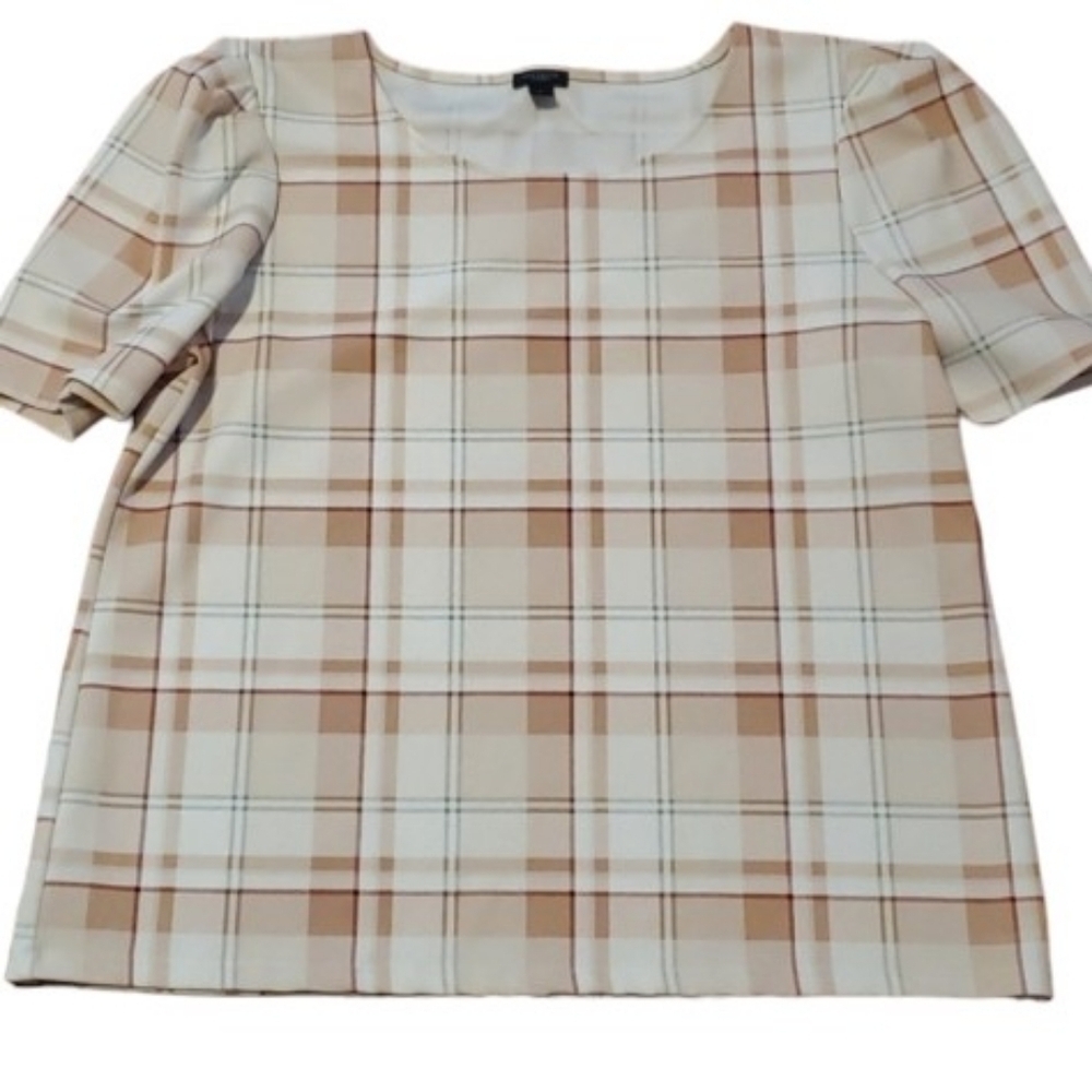 Ann Taylor Factory Blouse Womens Size XL Plaid Top Short Sleeve Cottagecore